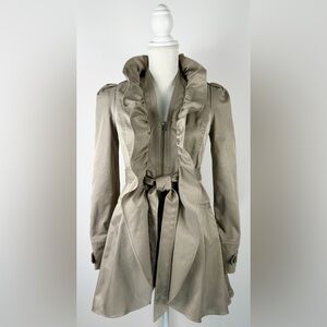 Anthropologie Idra Clinton Tan Ruffle Zip Front Tie Trench Coat Jacket Size 2